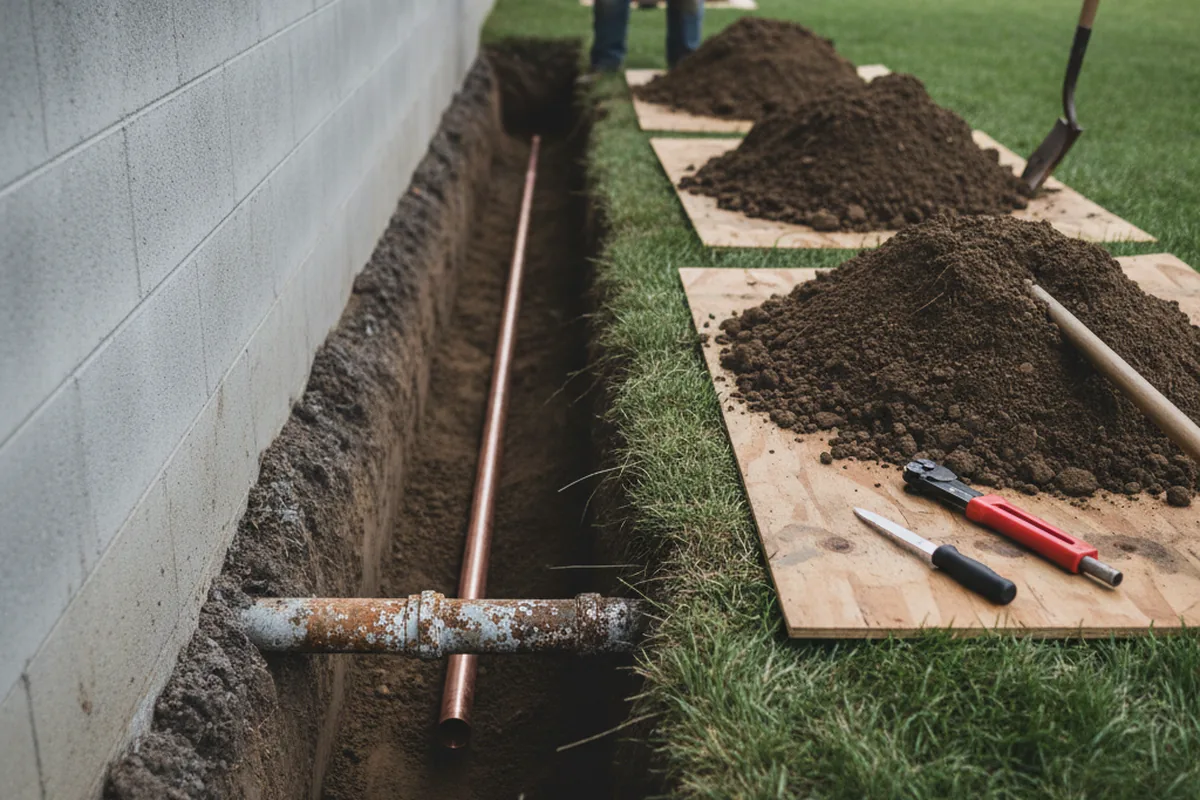 Excavated water line trench during Water Softener Installation in Wittman